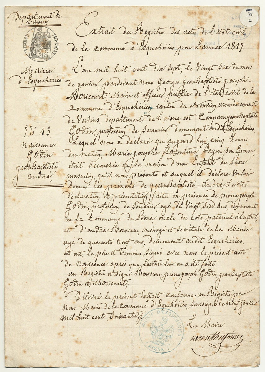 Le document manuscrit est un extrait du registre d’état civil du village d’Esqué