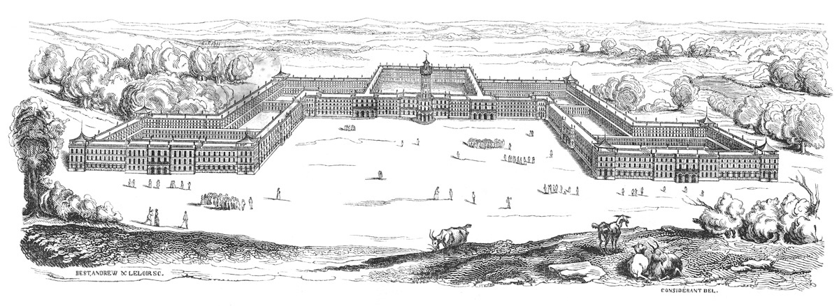 Sur la gravure, le phalanstère, immense palais évoquant Versailles, est représen