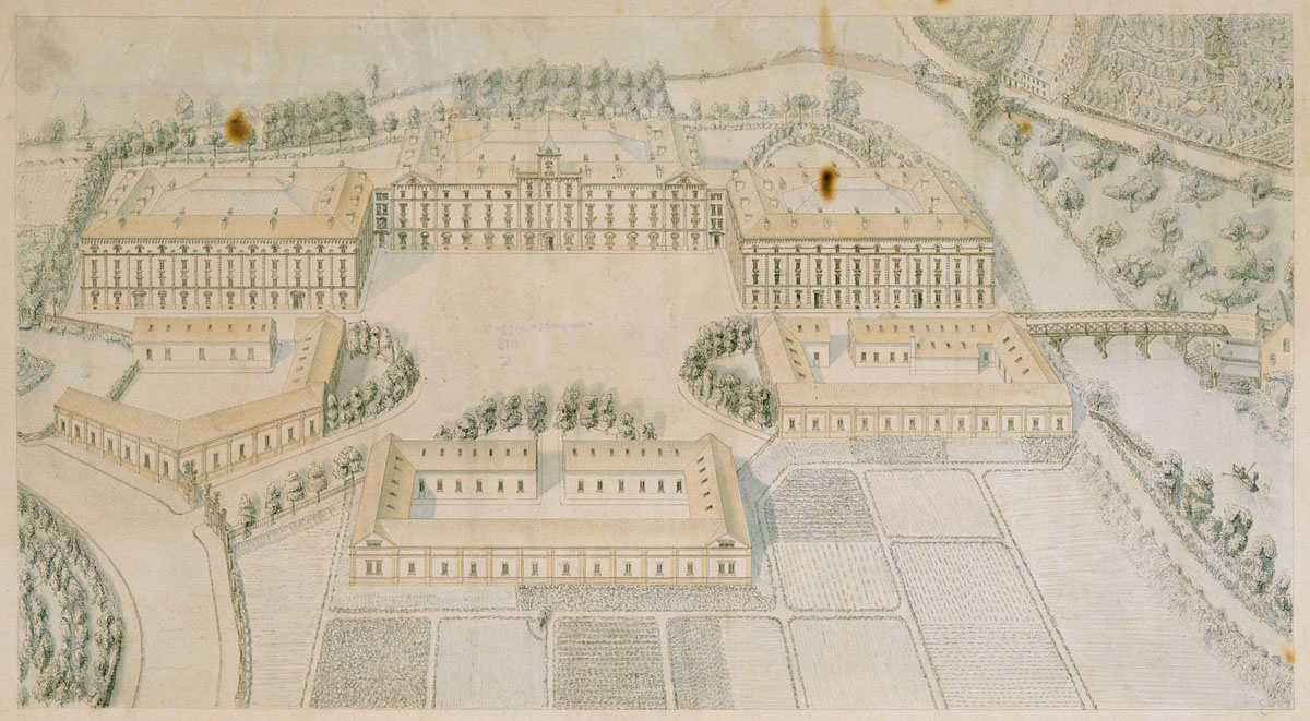 Le dessin représente une vue cavalière du Palais social, tel qu'il était projeté