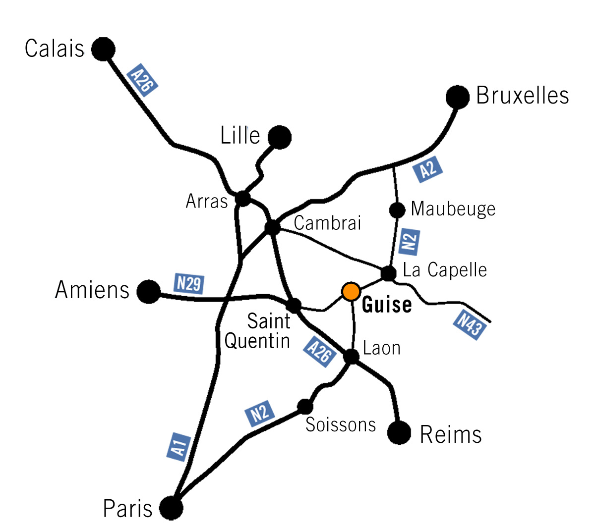 Ce plan montre le réseau routier qui permet d'accéder à la ville de Guise