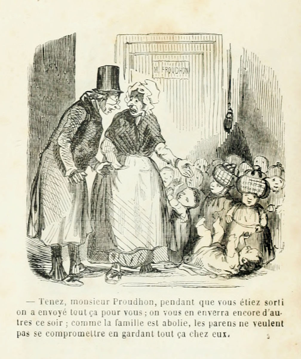 La caricature montre Proudhon trouvant devant sa porte des enfants abandonnés pa