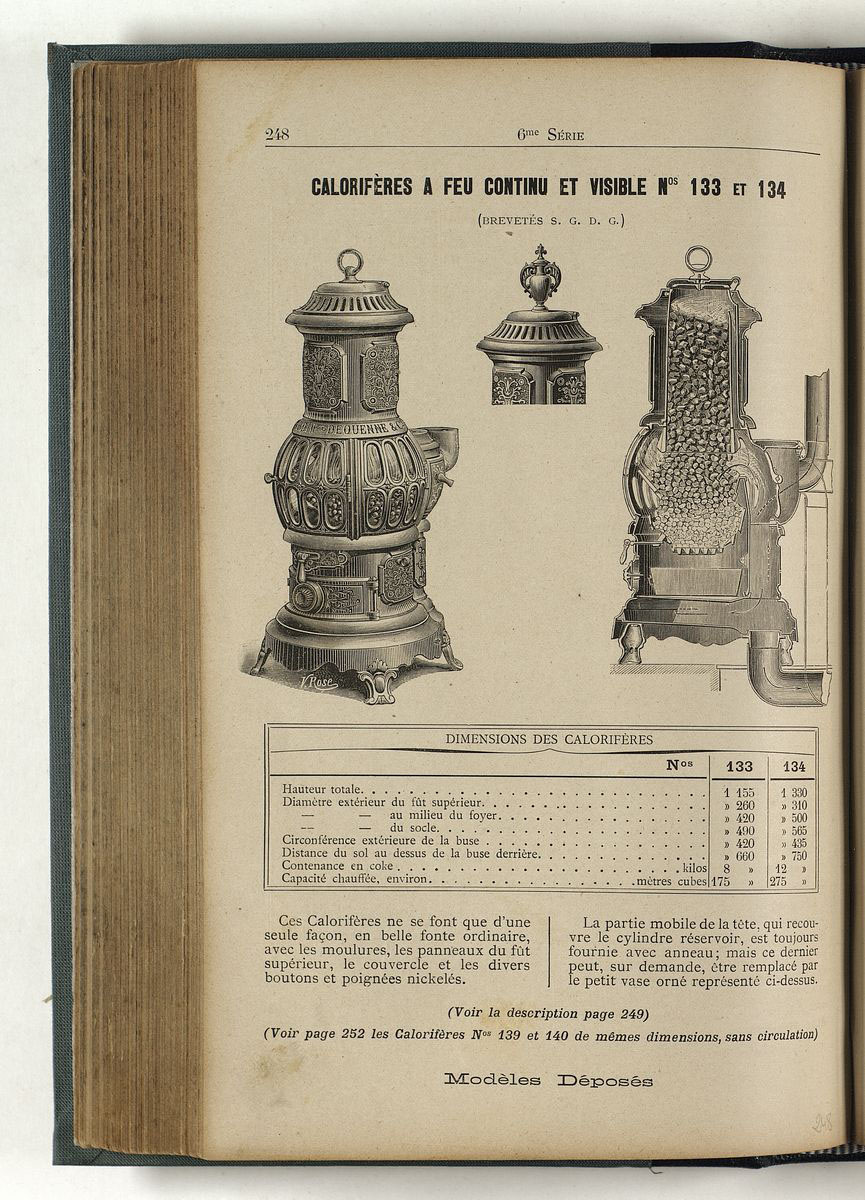 La page du catalogue montre le poêle phare en élévation et en coupe.