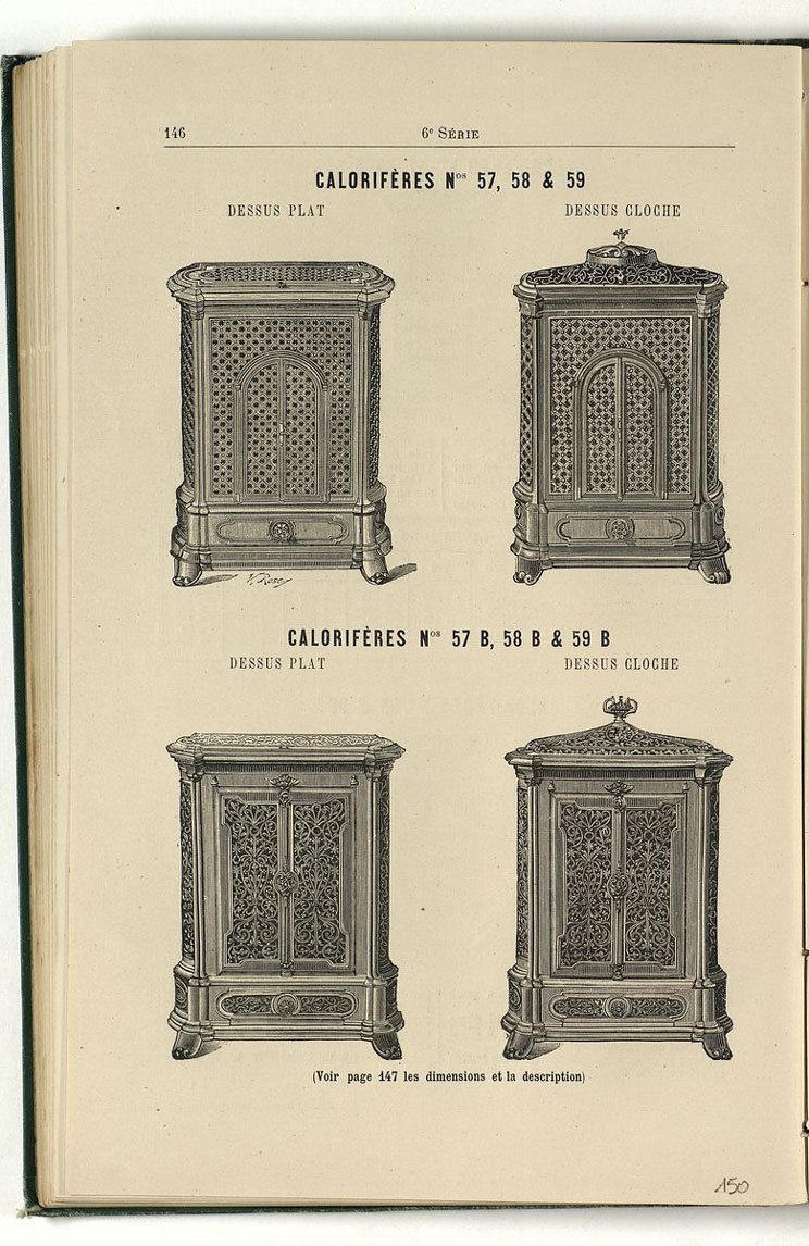 La page du catalogue de 1887 présente les modèles de calorifère n° 57 à 59.
