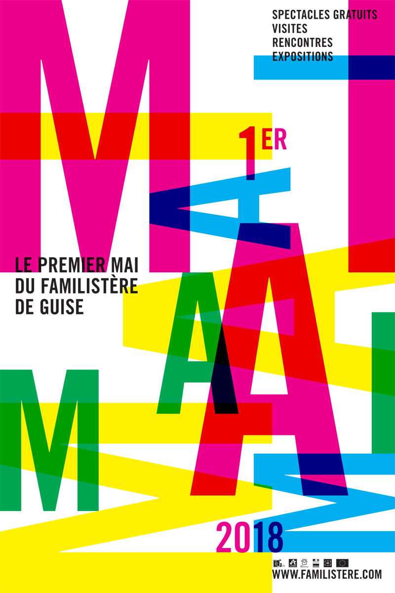 Affiche du Premier Mai du Familistère 2018. Jeux typographyques aux couleurs viv