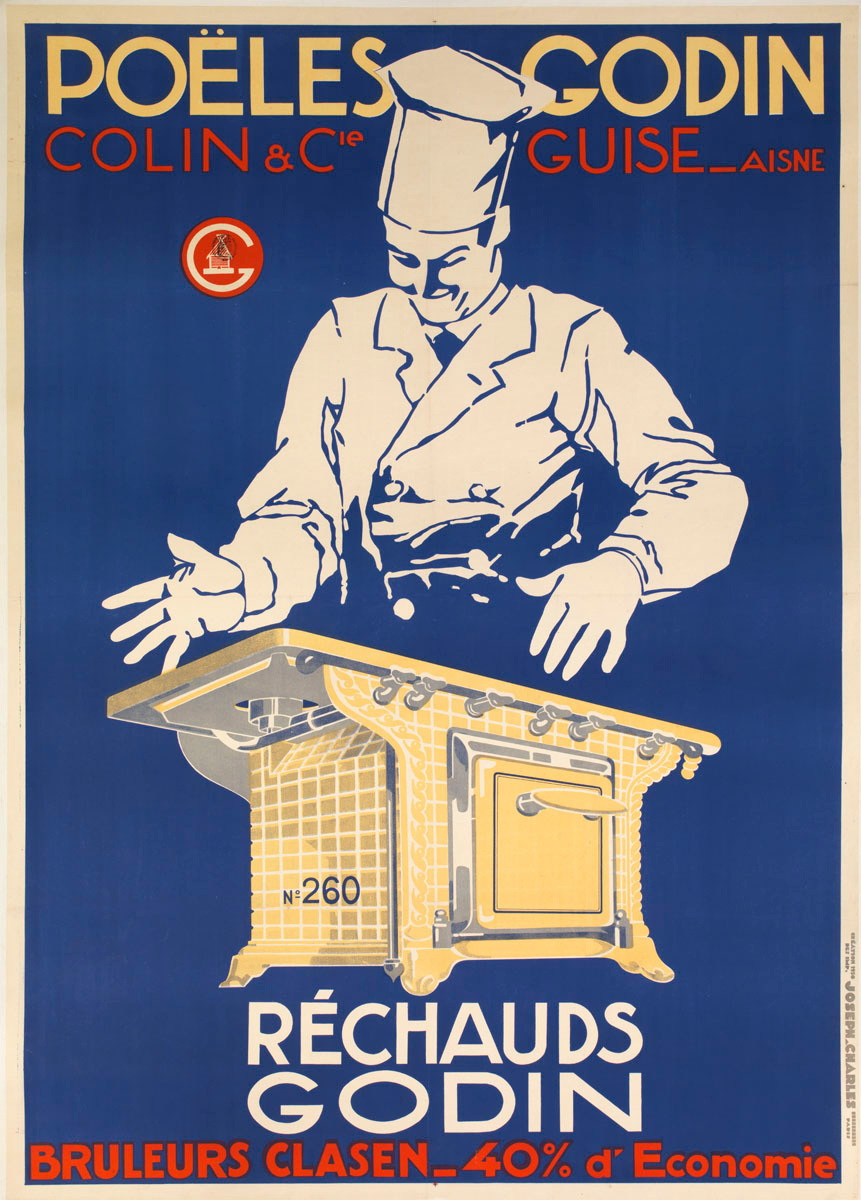 L'affiche montre un cuisinier se tenant derrière un réchaud « Godin ».