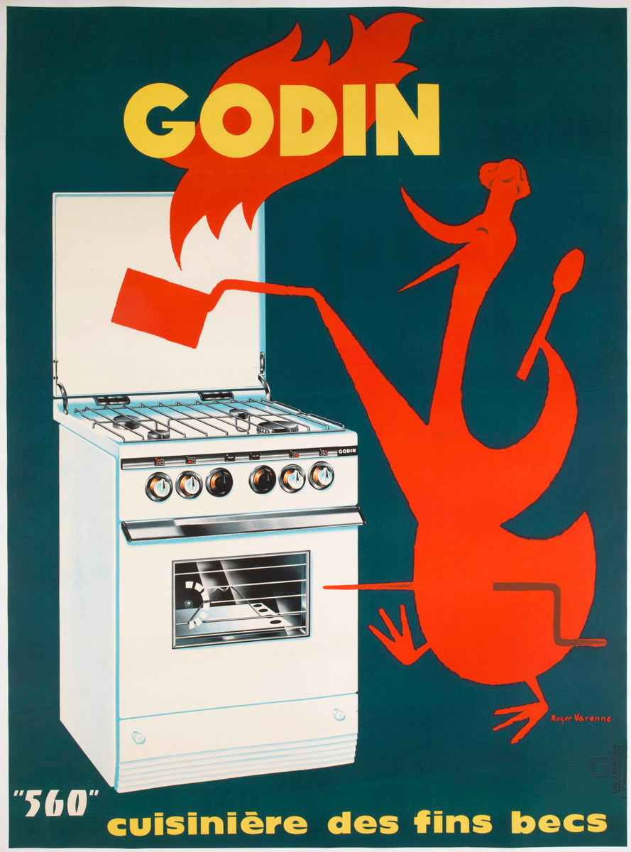 L'affiche montre une oie embrochée préparant un repas sur une cuisinière "Godin"