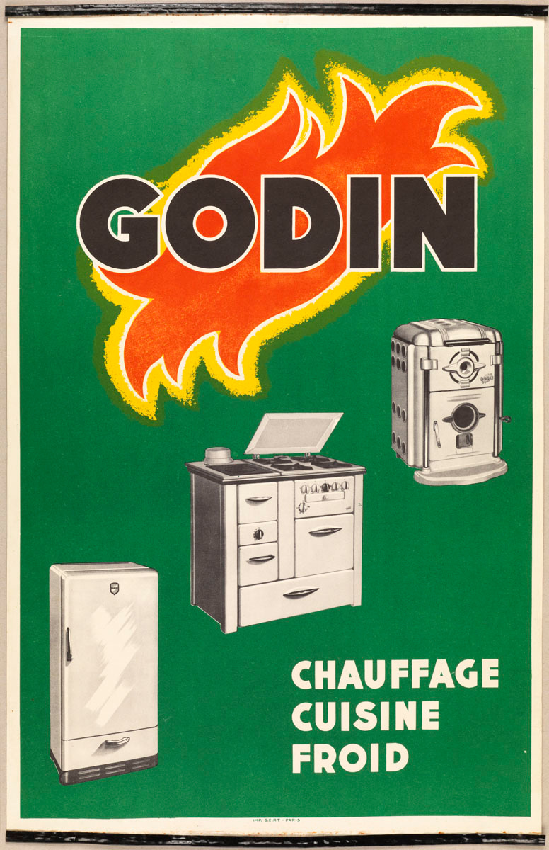 L'affichette montre, sur un fond verte, le logotype "Godin" à la flamme et trois