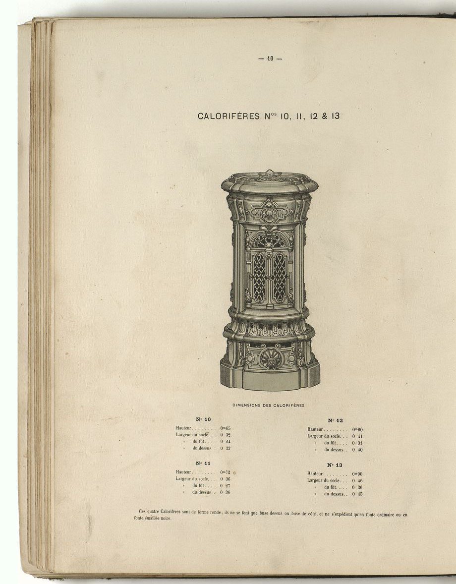 La lithographie présente de face le modèle des calorifères numéros 10 à 13.