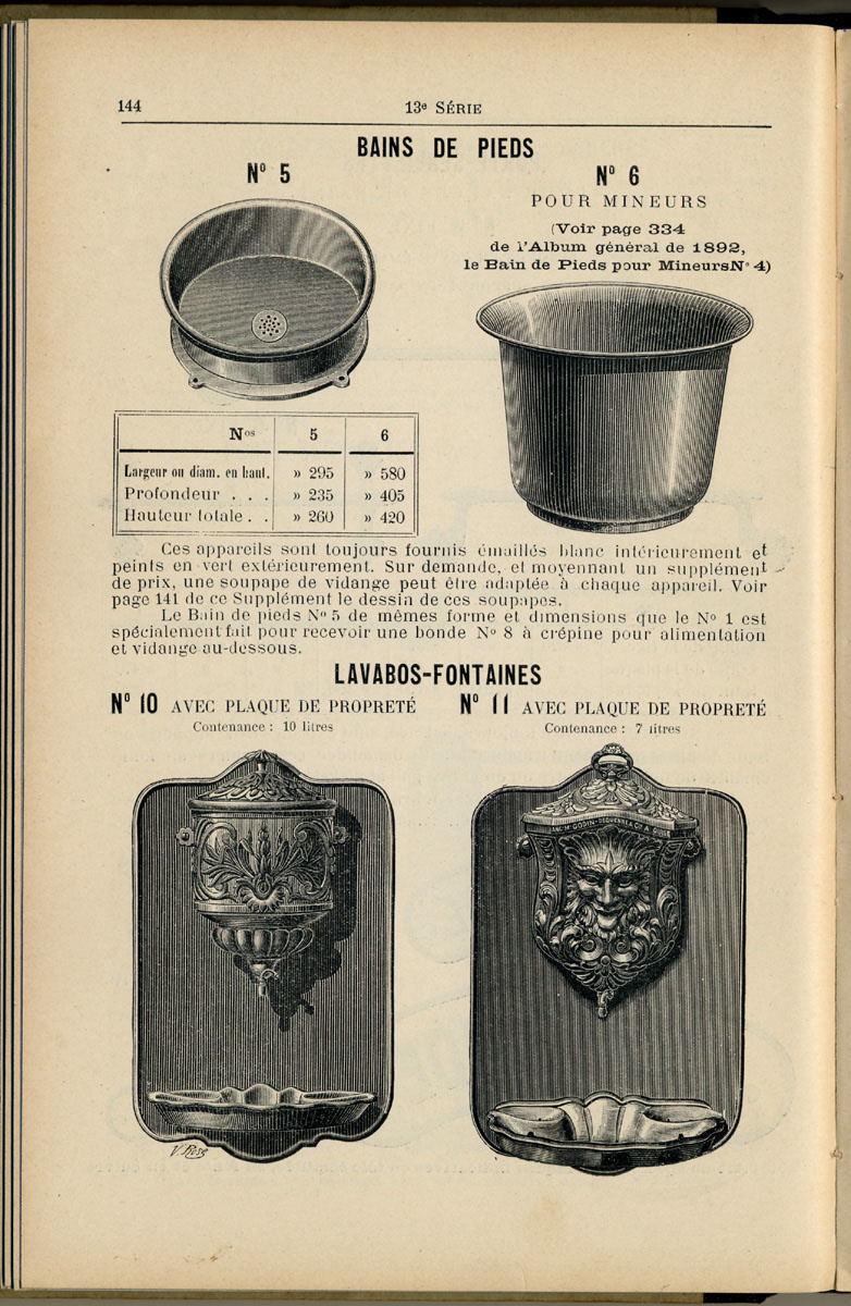 La page du catalogue présente les modèles des lavabos-fontaines n° 10 et n° 11