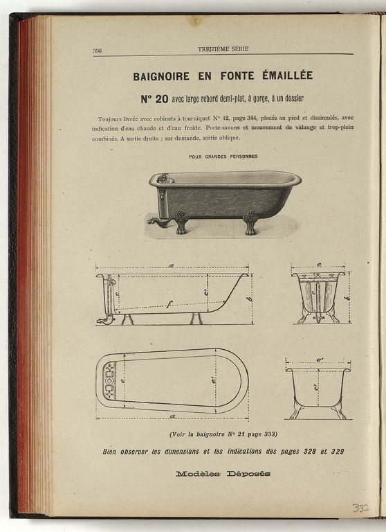 La page du catalogue montre élévation et coupes d'une baignoire.