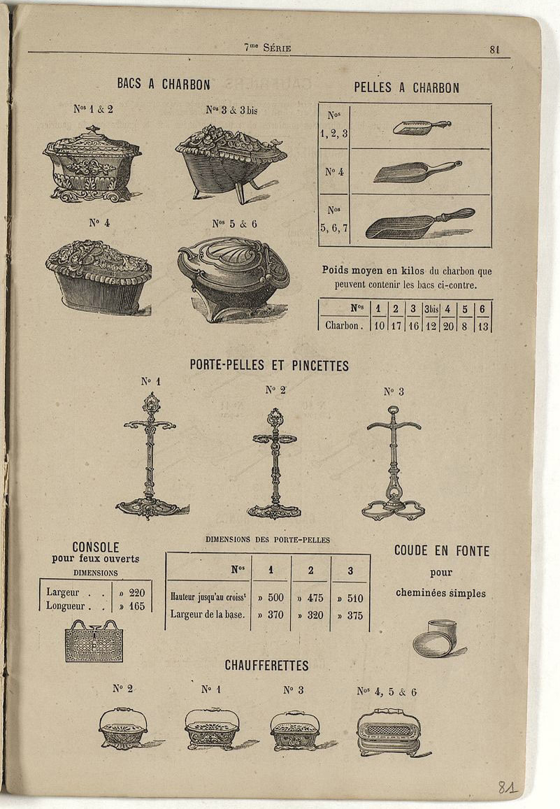 La page du catalogue montre divers accessoires, dont les bacs à charbon.