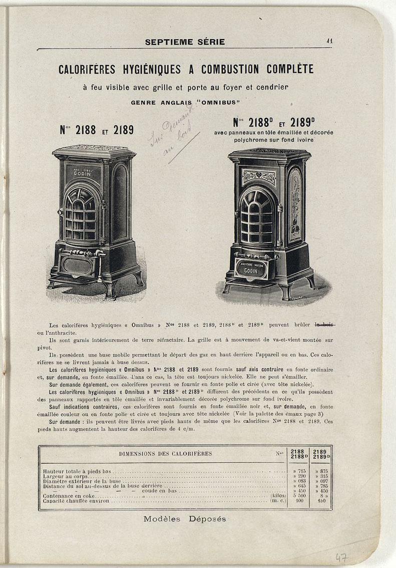 La page du catalogue présente les calorifères n° 2188 et 2189