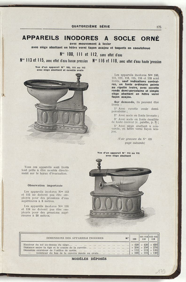 La page du catalogue présente des appareils sanitaires à socle orné.
