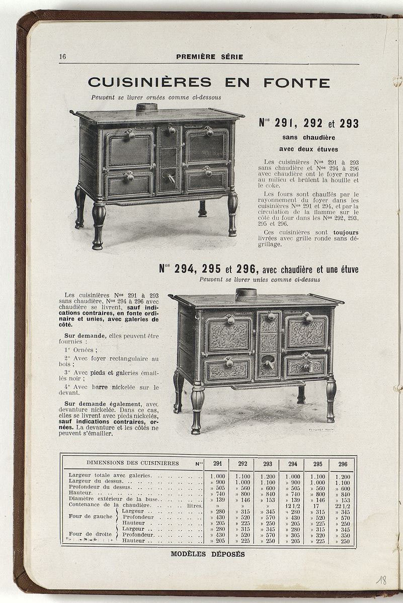 La page du catalogue présente les cuisinières numéros 291 à 296.