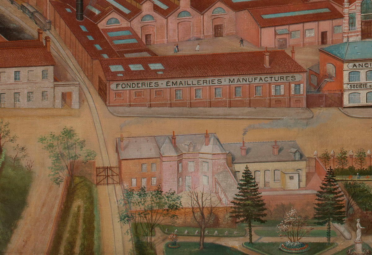 Le détail de la peinture montre la voie ferrée à la sortie de l'usine du Familis