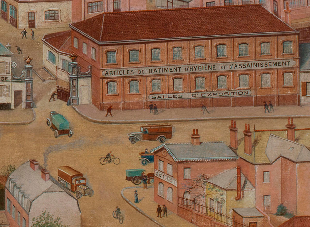 Le détail de la peinture montre l'entrée de l'usine du Familistère.