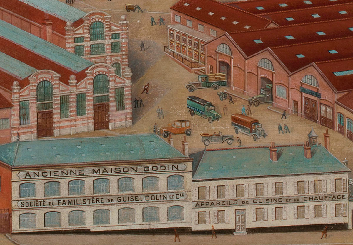 Le détail de la peinture montre la cour d'entrée de l'usine du Familistère.