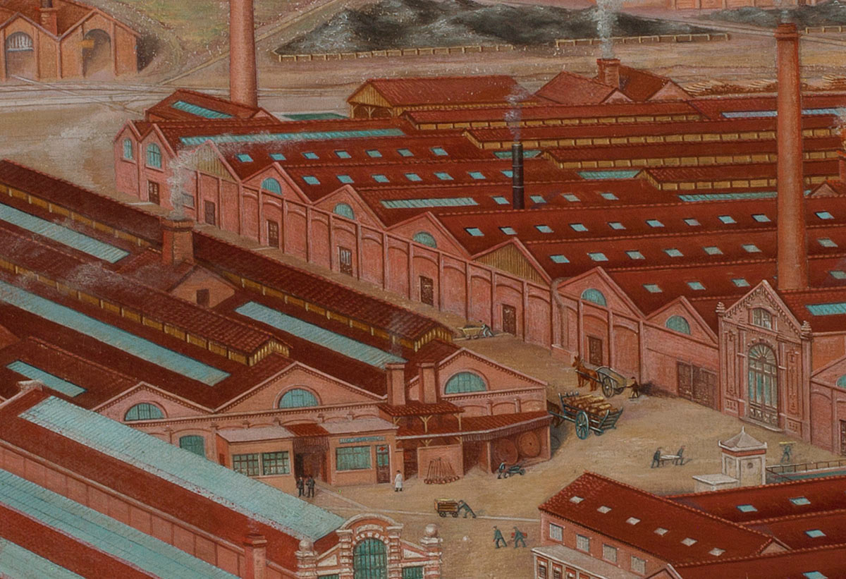 Le détail de la peinture montre la deuxième cour de l'usine du Familistère.