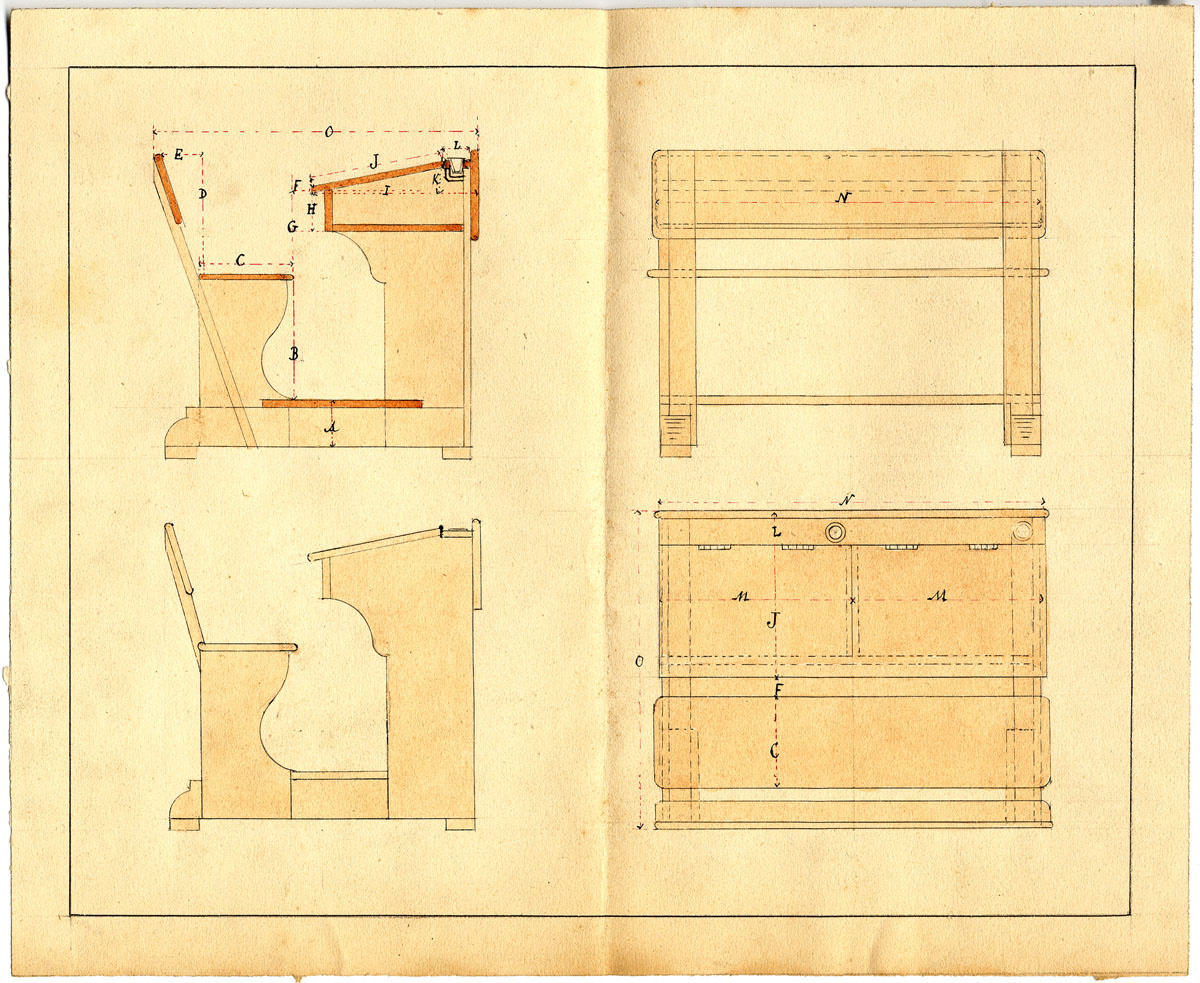 La feuille présente différents dessins de la table-banc des écoles du Familistèr