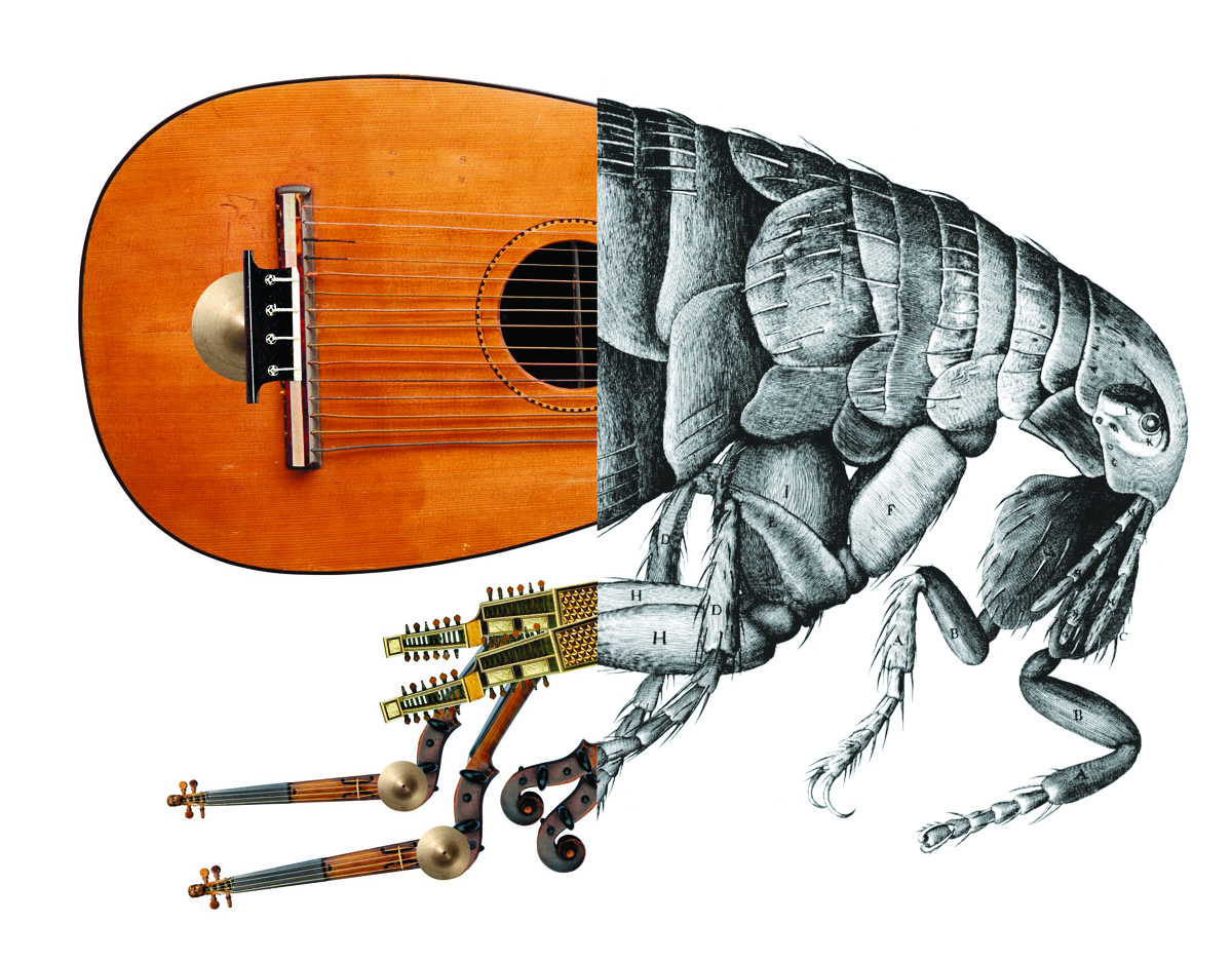 Composition graphique associant une puce et des instruments de musique