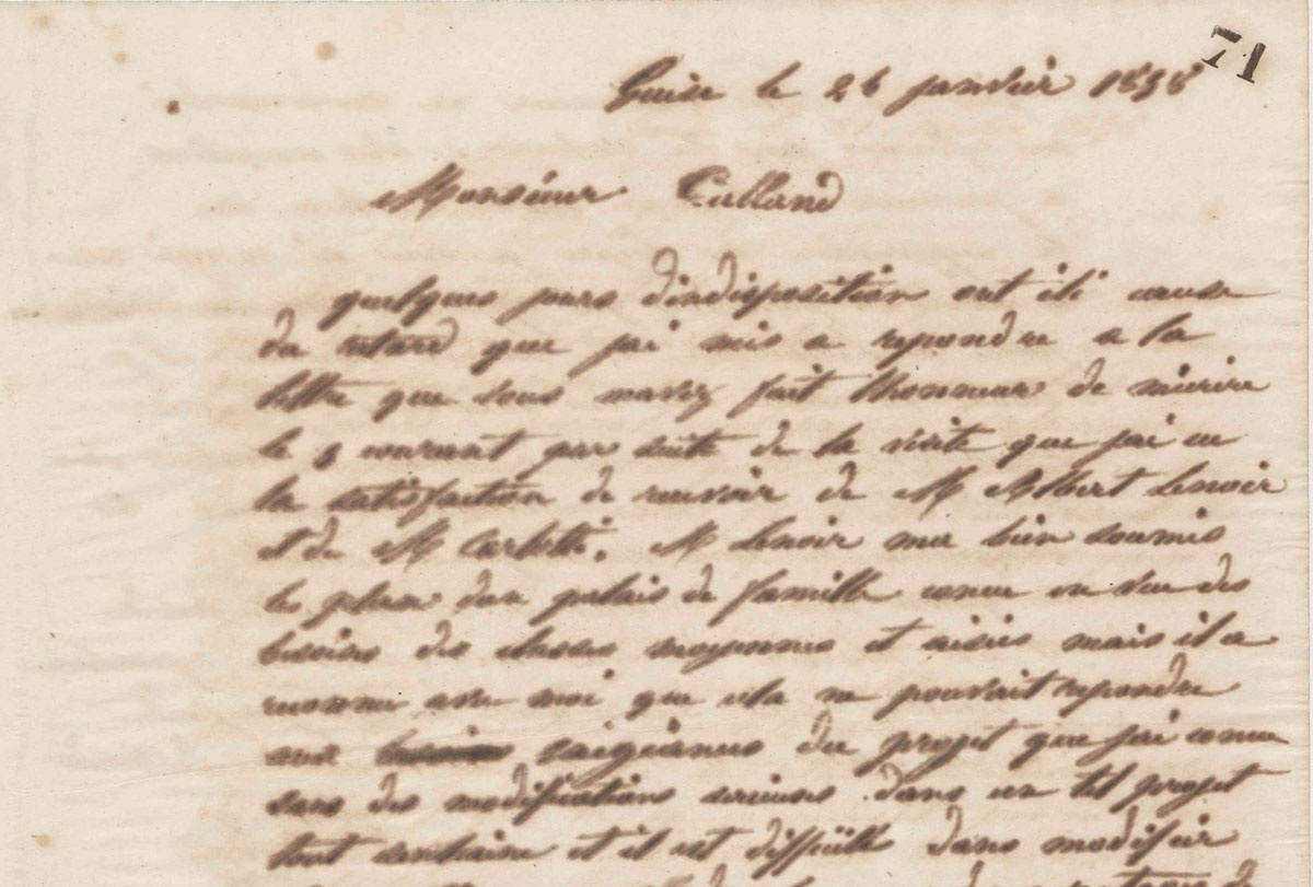 Vue d'une lettre manuscrite de Godin à Victor Calland en 1858.