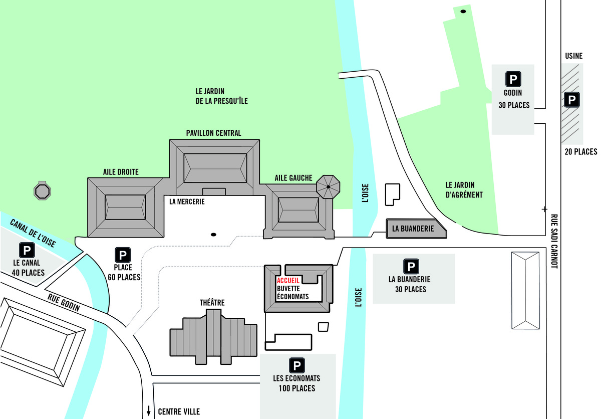 Le plan décrit les accès aux parkings dédiés aux visiteurs du Familistère