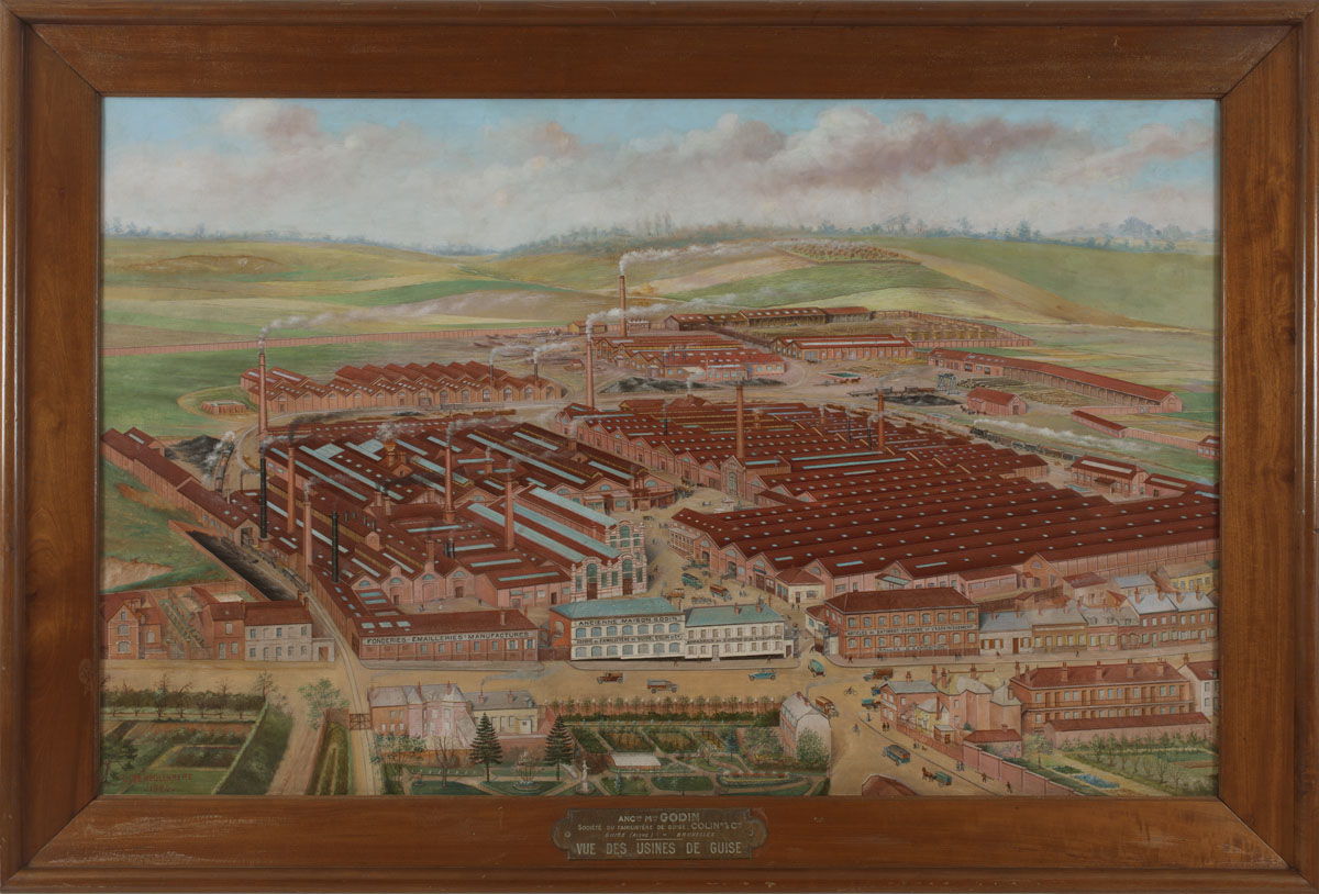 La peinture représente l’usine du Familistère de Guise vue à vol d’oiseau.