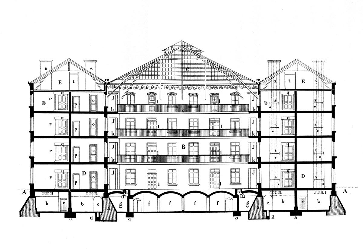 La gravure présente une coupe latérale du pavillon central du Palais social du F