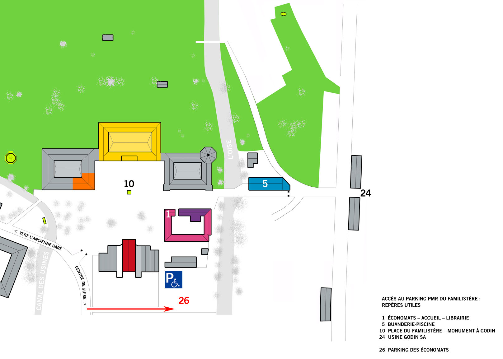 Le plan indique l'accès au parking PMR du Familistère.