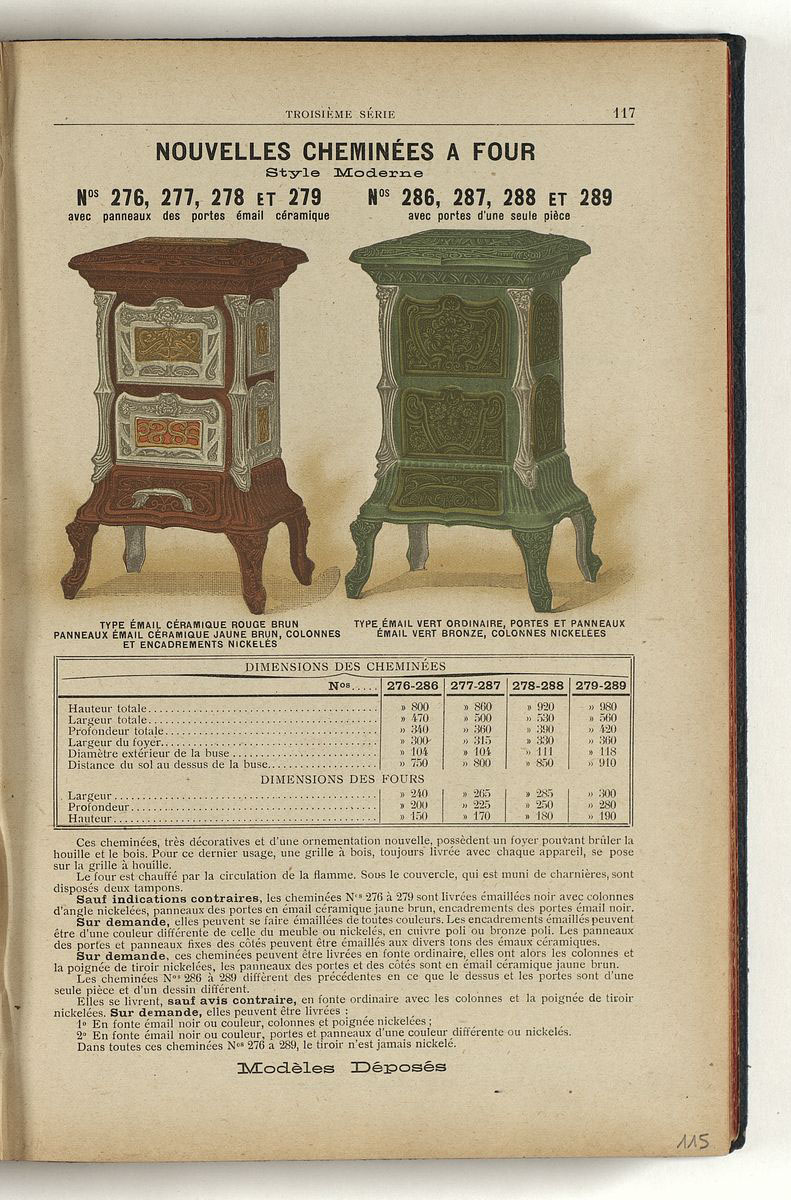 La page du catalogue de 1909 présente, en couleur, les cheminées à four de style