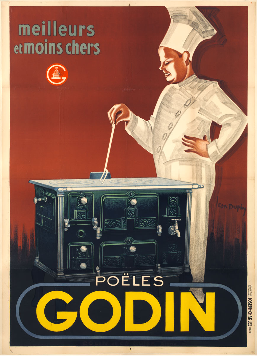 L'affiche montre un cuisinier se tenant derrière une cuisinière « Godin ».