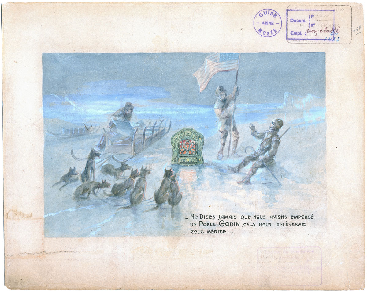 Le dessin représente l'arrivée de l'expédition de Peary au Pôle Nord