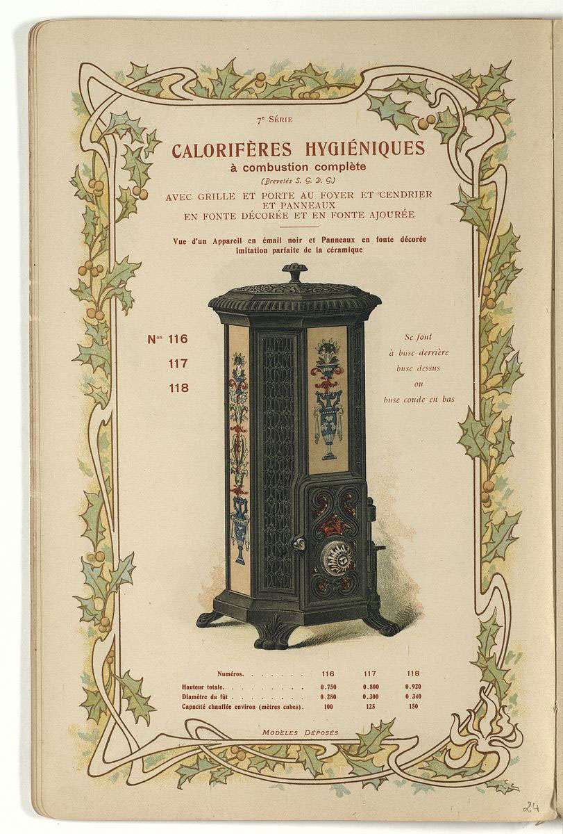 La gravure en couleurs montre un calorifère hygiénique n° 116 à 118.