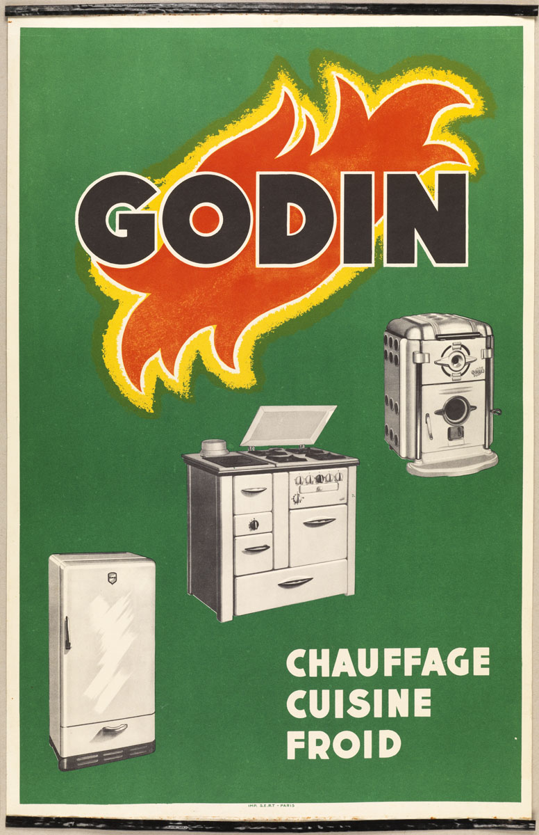 L'affichette montre, sur un fond verte, le logotype "Godin" à la flamme et trois