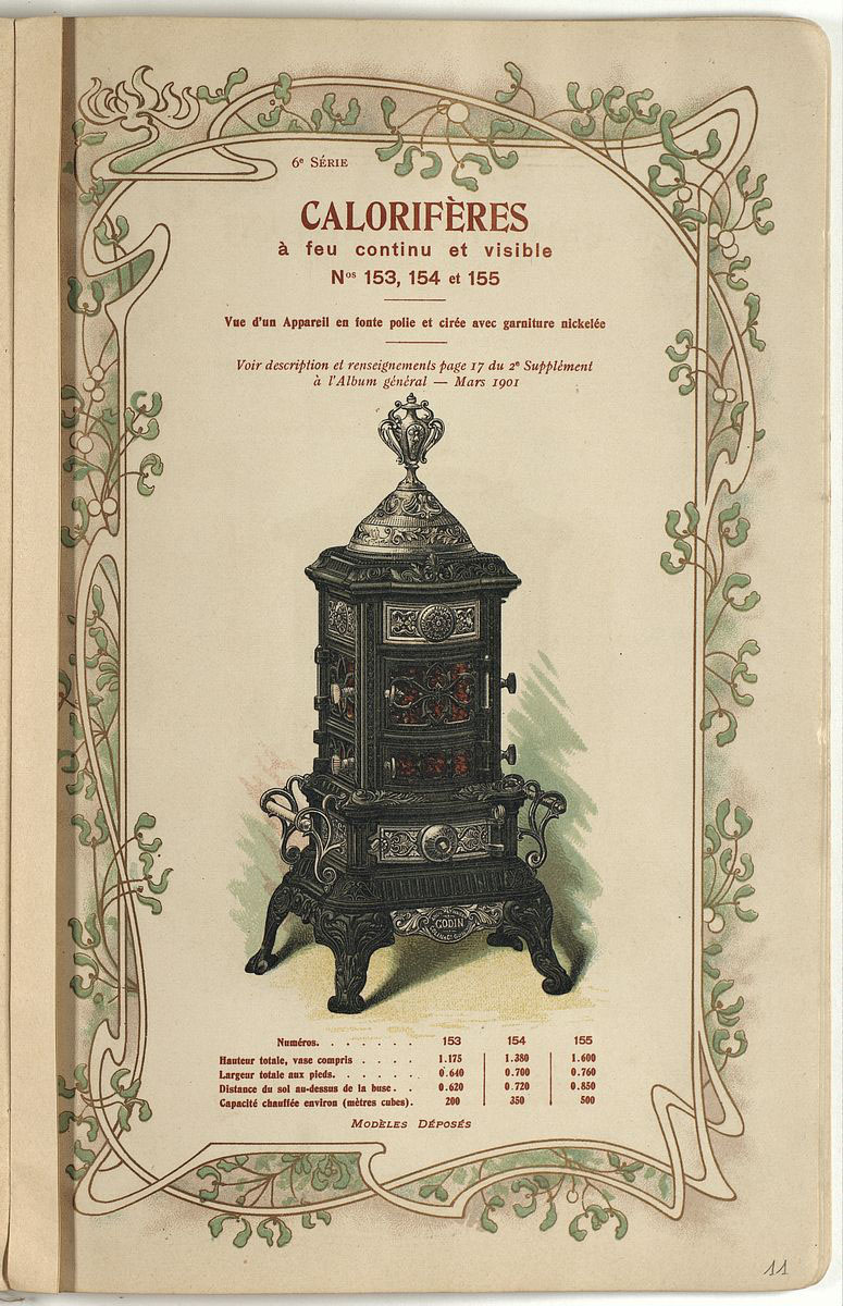 La page du catalogue présente une lithographie en couleurs du modèle de calorifè