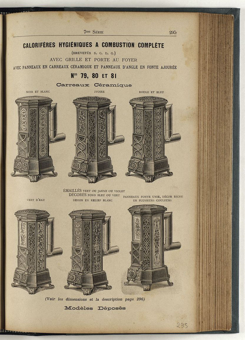 La page de l'album montre plusieurs modèles de calorifères.