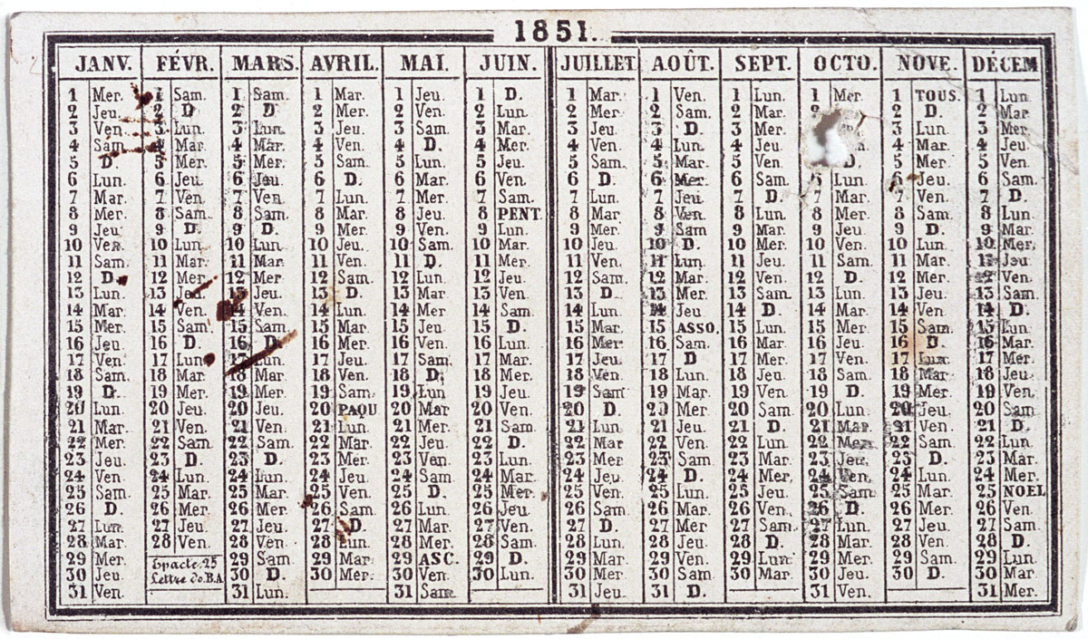 Sur le verso de la carte est imprimé un calendrier pour l'année 1851.