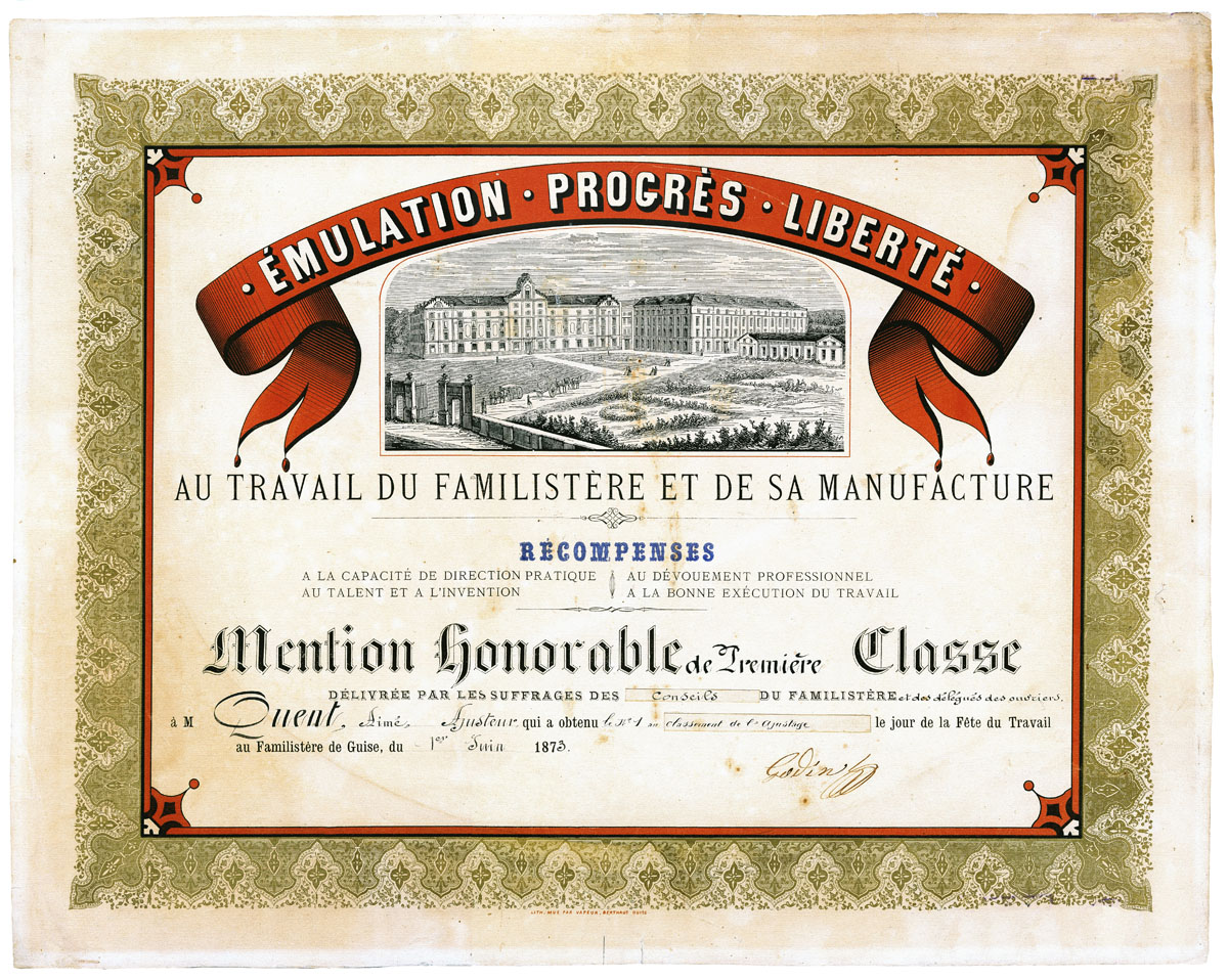 Le diplôme est orné d'une vue lithographiée du Familistère de Guise.