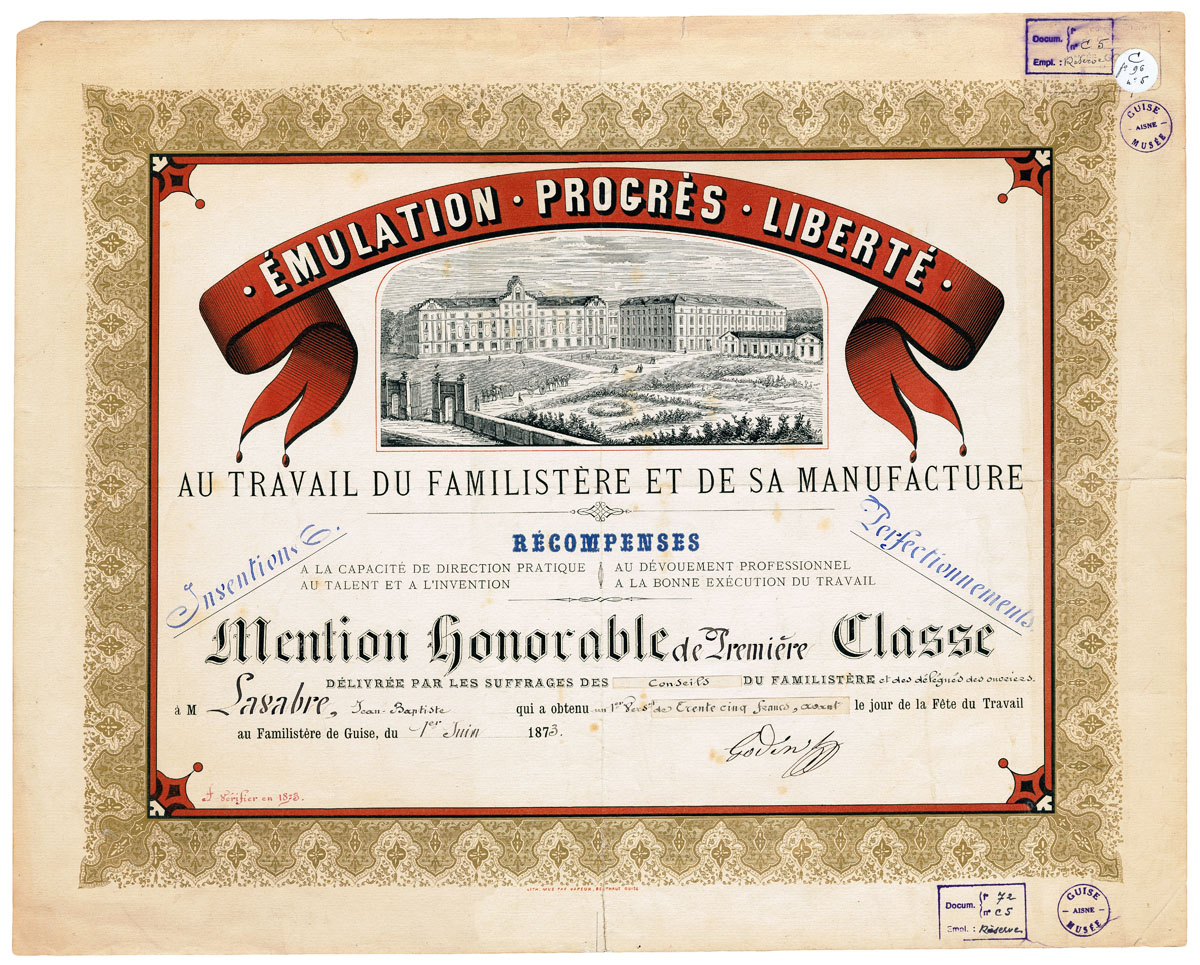 Le diplôme est orné d'une vue lithographiée du Familistère de Guise.