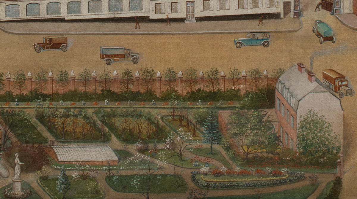 Le détail de la peinture montre le jardin d'agrément du Familistère.