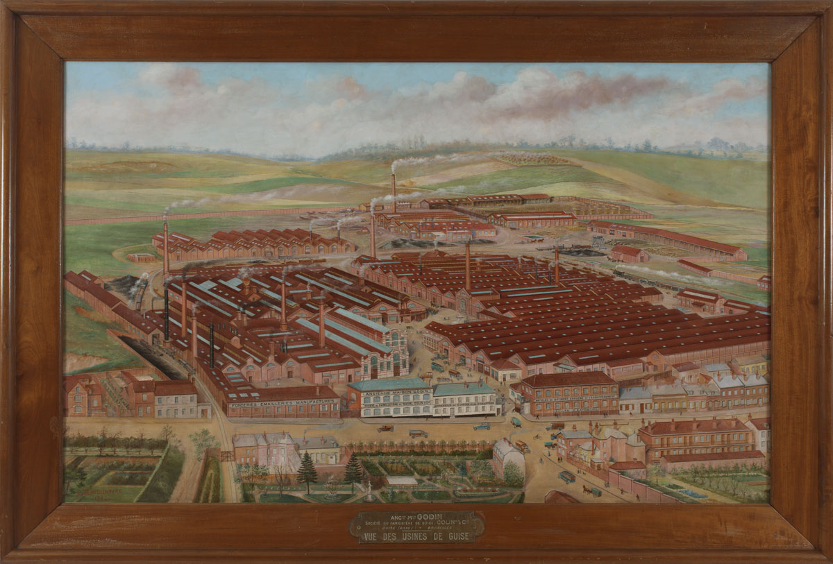 La peinture représente une vue cavalière de l'usine du Familistère.