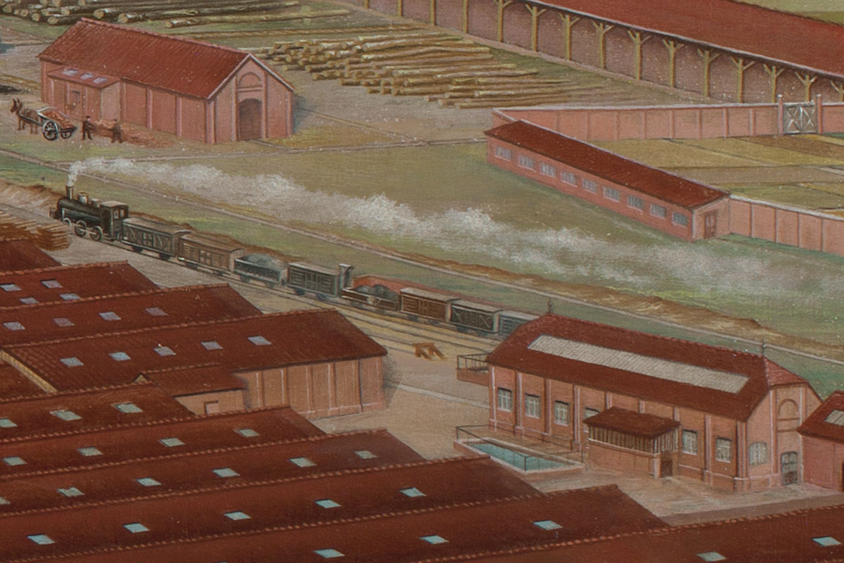 Le détail de la peinture montre un train de l'usine du Familistère.