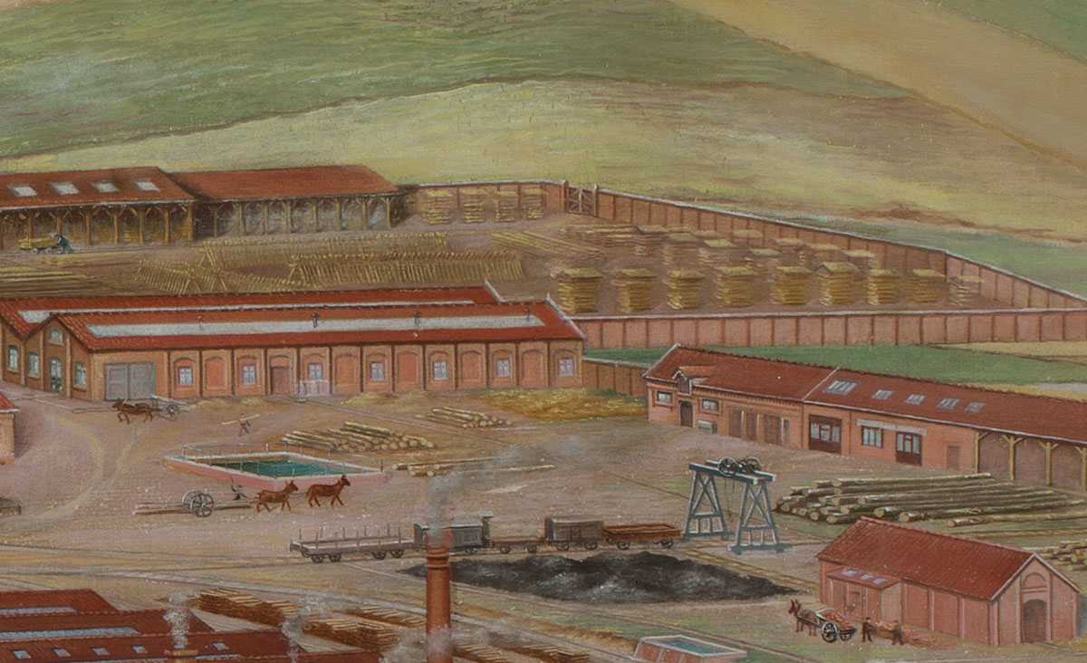 Le détail de la peinture montre la scierie de l'usine du Familistère.