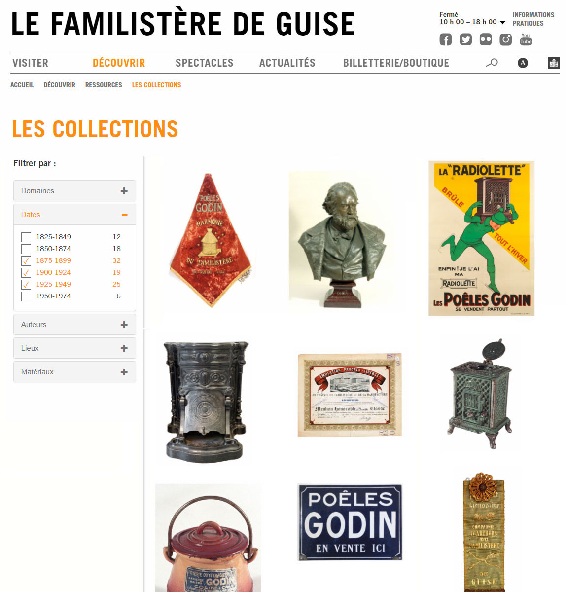 La page d’accueil des Collections sur le site internet du Familistère présente u