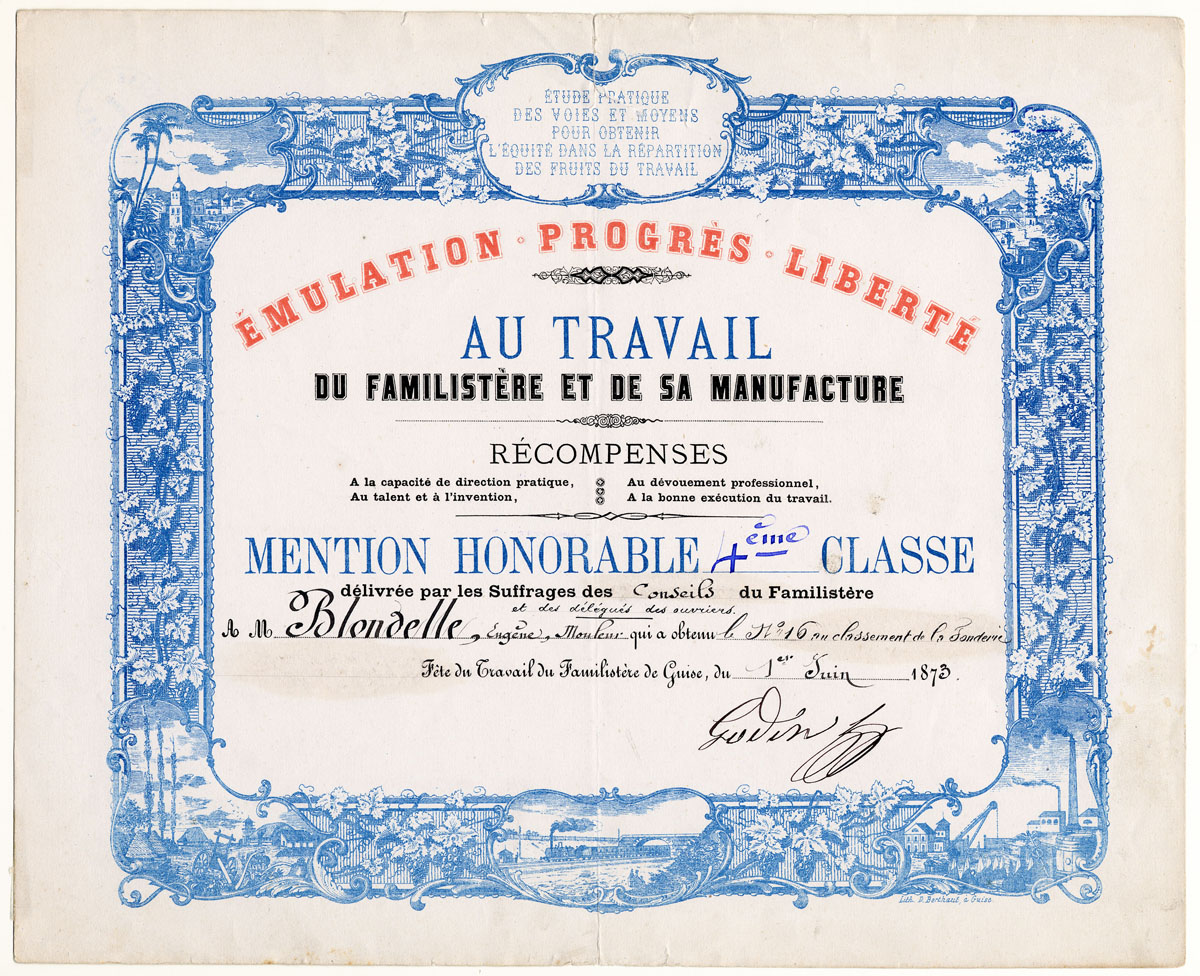 Diplôme décerné à Eugène Blondelle, mouleur, à l’occasion de la fête du Travail