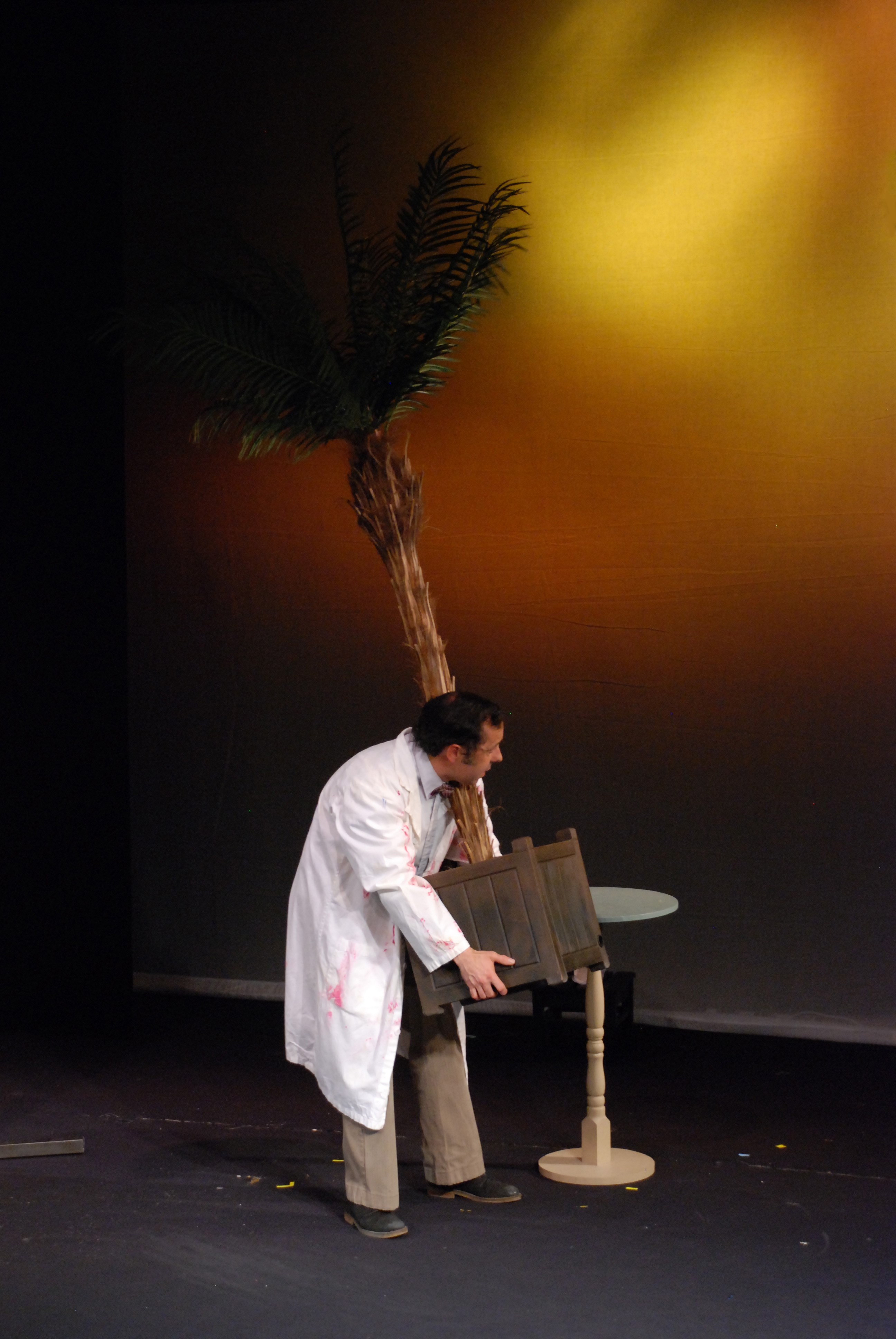 Un homme sur scène en blouse blanche transporte une grosse plante.