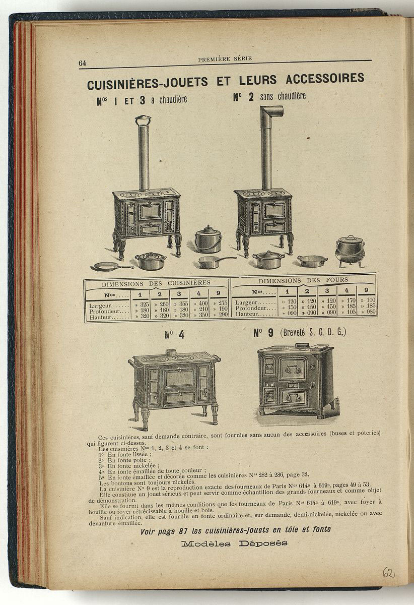 Vue d'une page de l'album de 1909 montrant les cuisinières jouets et leurs acces