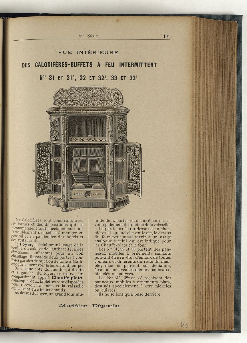 Vue d'une page de l'album de 1898 montrant le calorifère-buffets avec portes ouv