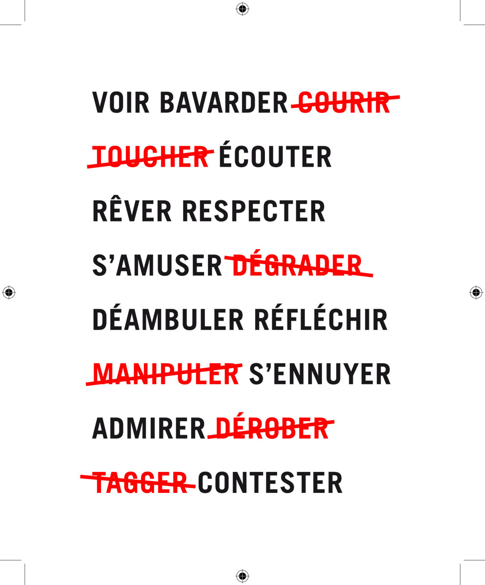 L'image montre une série de mots en noir et en rouge, ces derniers rayés.