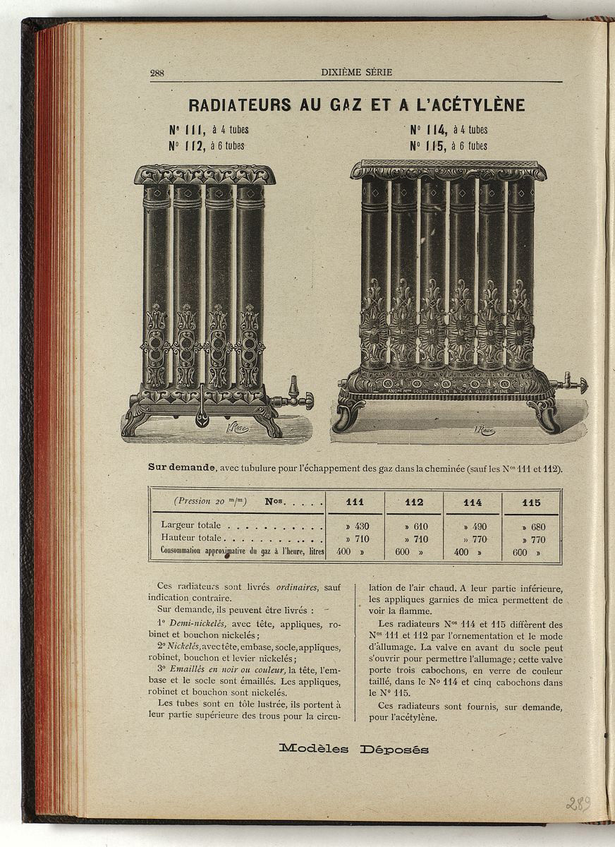 Vue de la page de l'album de 1903 montrant le radiateur au gaz n° 111